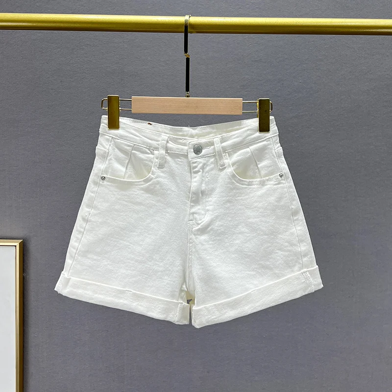 Women's Flanging Denim Shorts 2023 New Summer High Waist Loose Slimming All-Matching Candy Color Wide Leg Hot Jean Pants Fashion