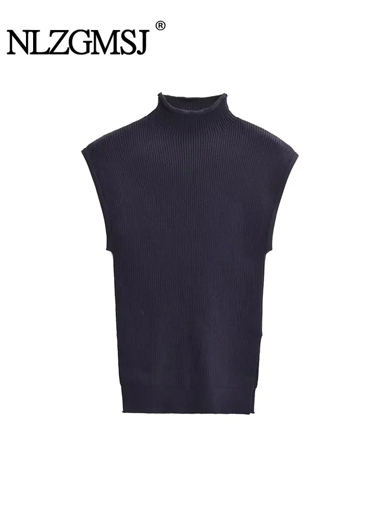 

Nlzgmsj TRAF 2024 Women Standing Collar Knitted Pullover Sweater Sleeveless Vintage Autumn Winter Causal Elegant Slim Tops