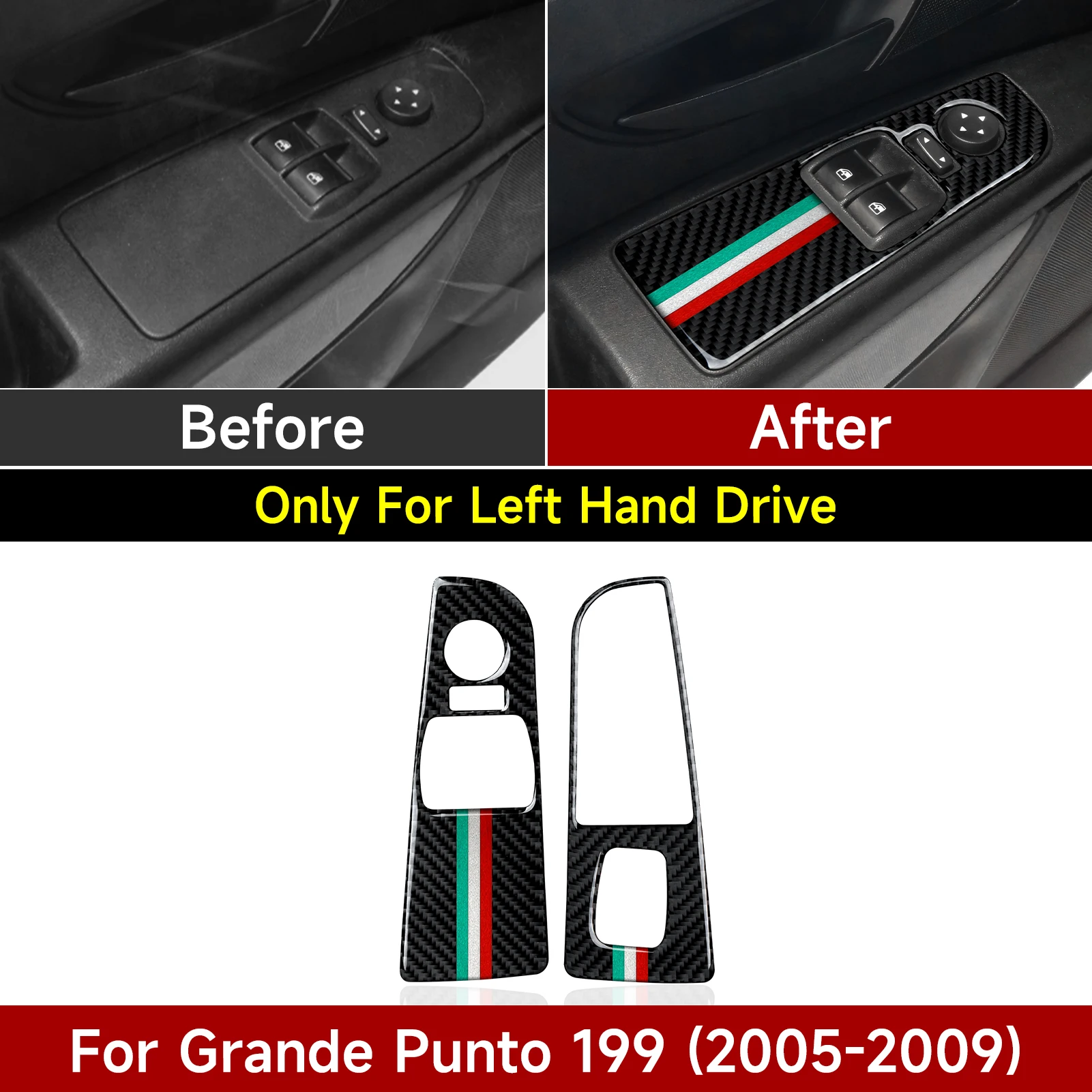 

Панель управления стеклоподъемниками автомобиля. Наклейка для интерьера из углеродного волокна. Аксессуары для отделки салона Fiat Grande Punto 199 (2005-2009)