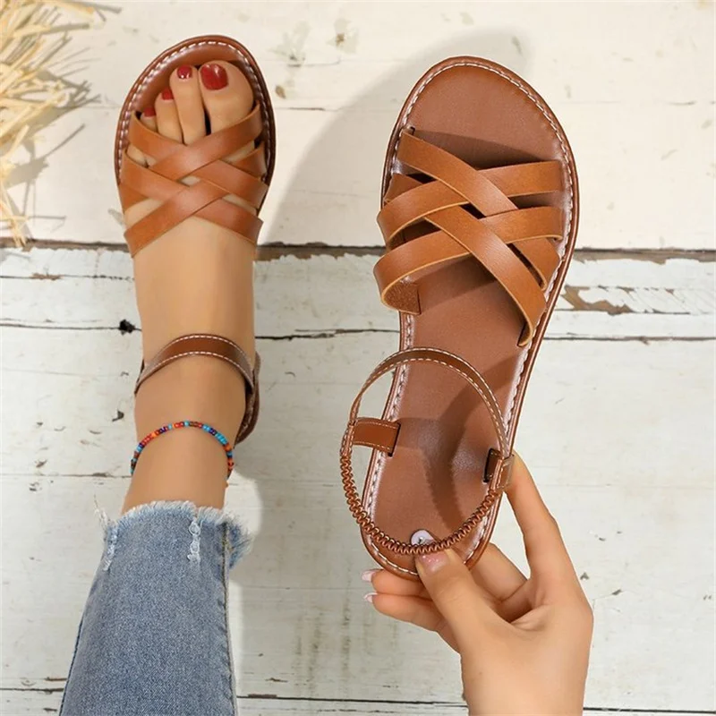 

Women's Summer Sandals 2023 New Flat Sole Casual Beach Sandals Fashion Ladies Open Toe Cross Strap Flat Shoes Plus Size 36-43