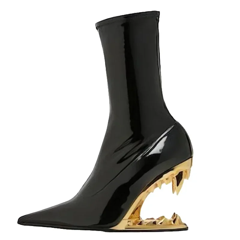 Подиумные эластичные ботинки на каблуке специальной формы с острым боковой