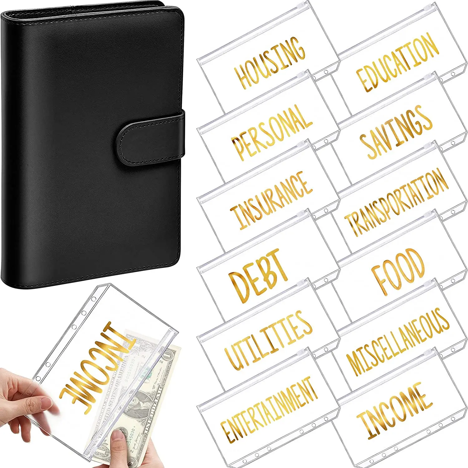 

A6 PU Leather Binder Budget Cash Envelope Organizer Personal Wallet ,12 Binder Pockets Zipper Folders for Planner Saving Money