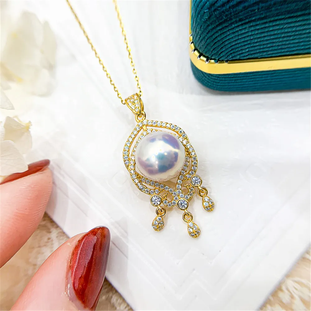 

DIY Pearl Mini S925 Sterling Silver Pendant with Empty Holder Gold Silver Necklace Pendant with 11-13mm Beads