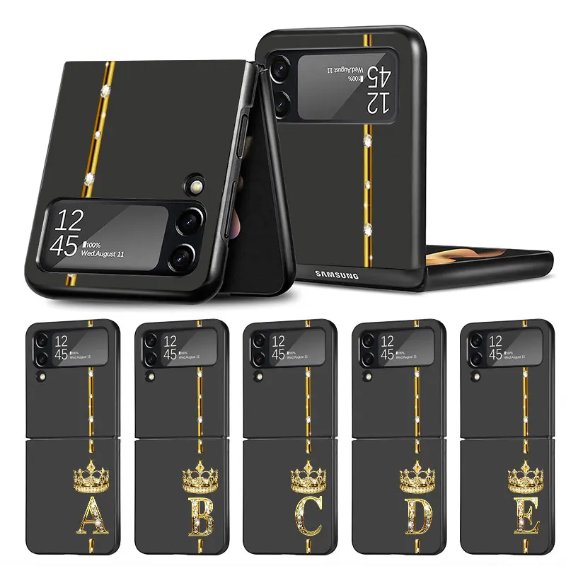 

Rose Gold 26 Letters A B C Case For Samsung Galaxy Z Flip 3 4 5G Black Hard PC Phone Housing Z flip4 Luxury Coque Shell