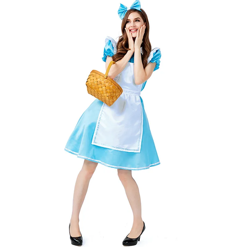 

Adult Anime Alice in Wonderland Sweet Lolita Maid Cosplay Halloween Party Women's Blue Alice Princess Role Play Stage Costume