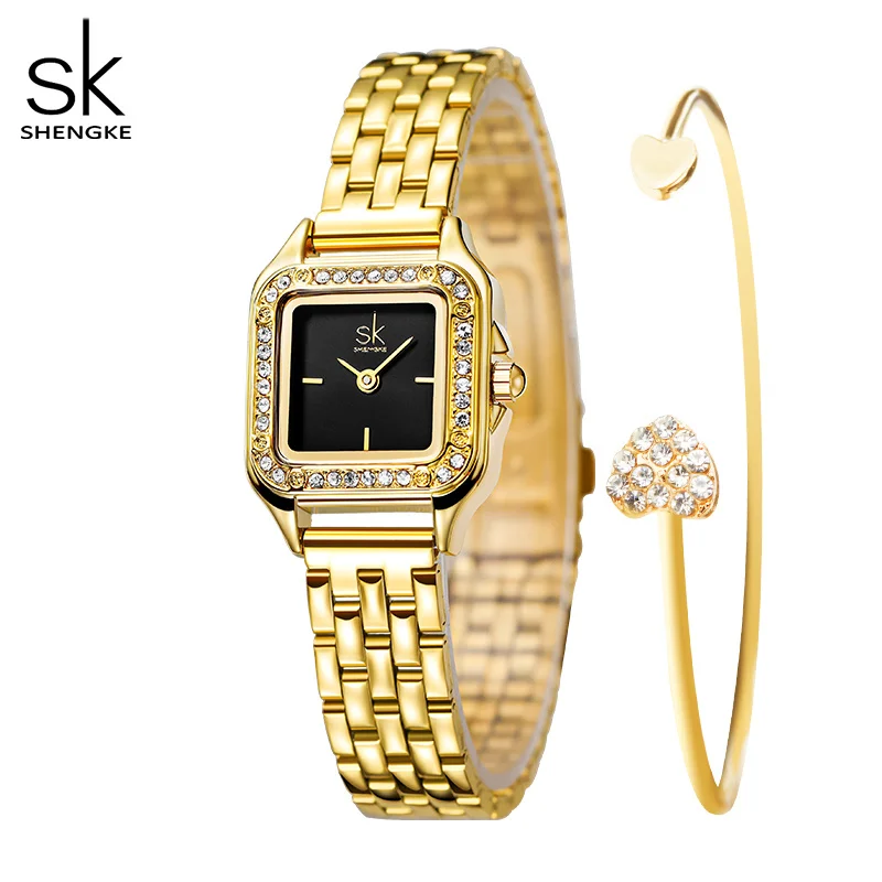 

Часы SHENGKE женские кварцевые, модные золотистые наручные, подарок из нержавеющей стали, оригинальный дизайн