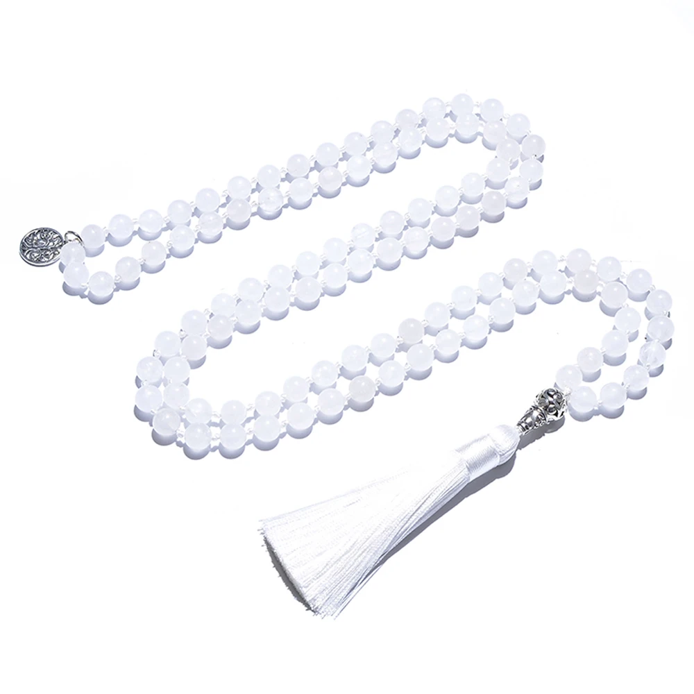 

8mm White Jade Knotted 108 Mala Prayer Beaded Necklace Meditation Yoga Rosary Japamala Tassel Jewelry For Women