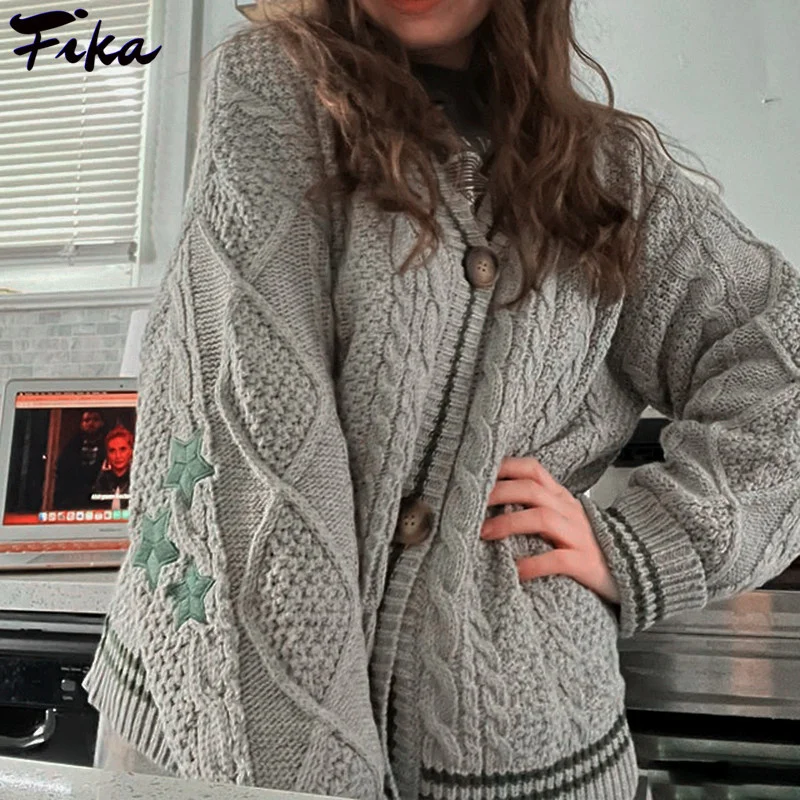

Vintage V-neck Single Breasted Loose Women Sweater 2023 Autumn New Casual Warm Knitted Cardigan Ins Stars Embroidery Cardigan