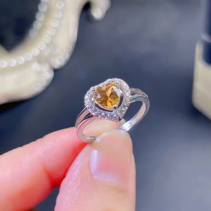 MeiBaPJ Natural Brazil Citrine Gemstone Fashion Love Heart Ring for Women Real 925 Sterling Silver Fine Charm Jewelry