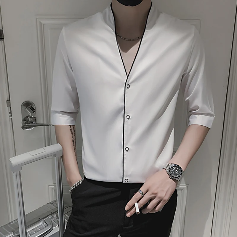 Summer Men's Solid Color Shirt Slim Fit Casual V-neck Shirts Business Formal Dress Half Sleeve Tops High Quality Male Clothing