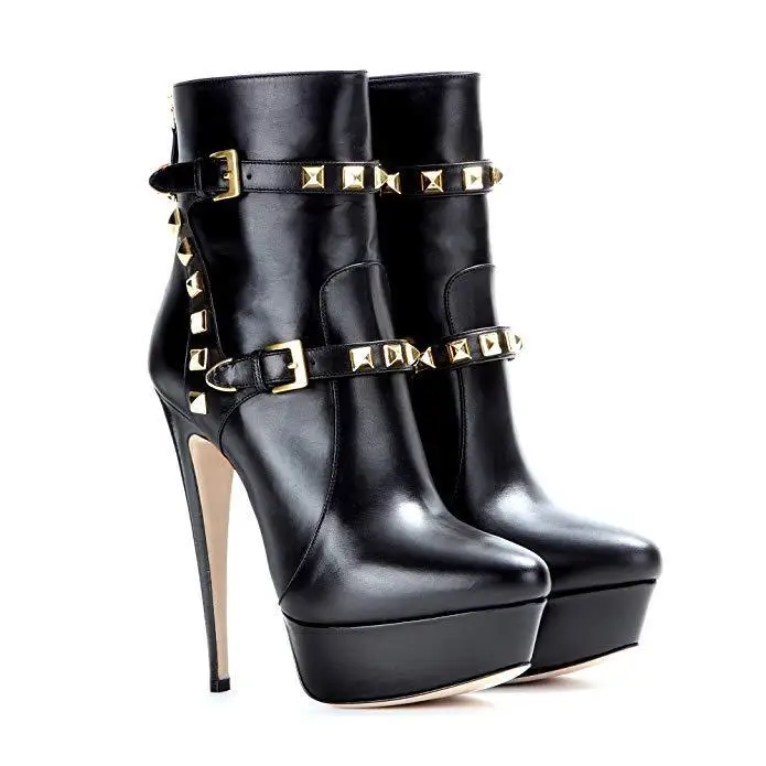

Sexy Rivets Studs Belt Buckle Platform Pointed Toe Ankle Boots 160Mm Super High Heels Short Boots Lady Stage Performance Shoes