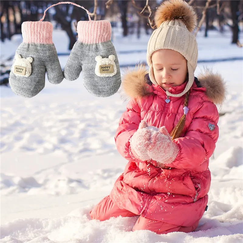 

Children Winter Gloves Baby Cartoon Mittens Half Gloves Thick Double Knitted Mittens With 1-3 Years Old Playing Running Skiing