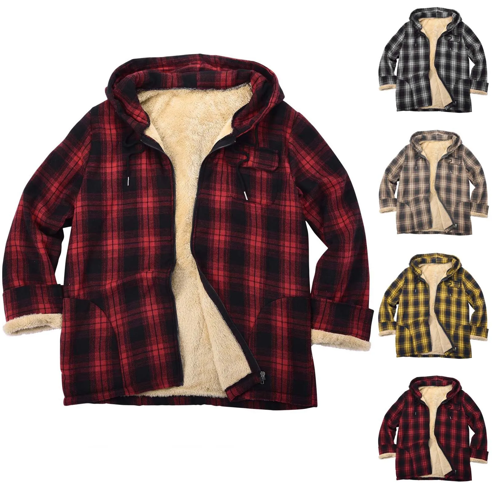 

Plush Jackets for Men Male Fleece Lined Flannel Plaid Shirts Zipper Jackets Fleece Jacket with Hood Men Mens Fleece Jacket Tall