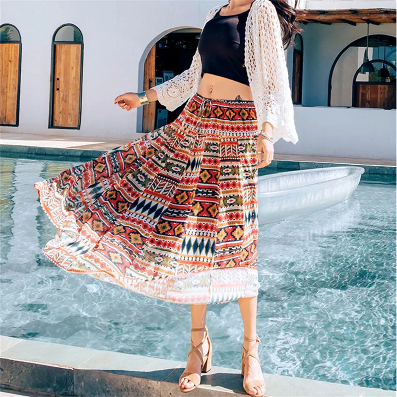 Женская юбка в богемном этническом стиле тонкая летняя пляжная для отдыха на