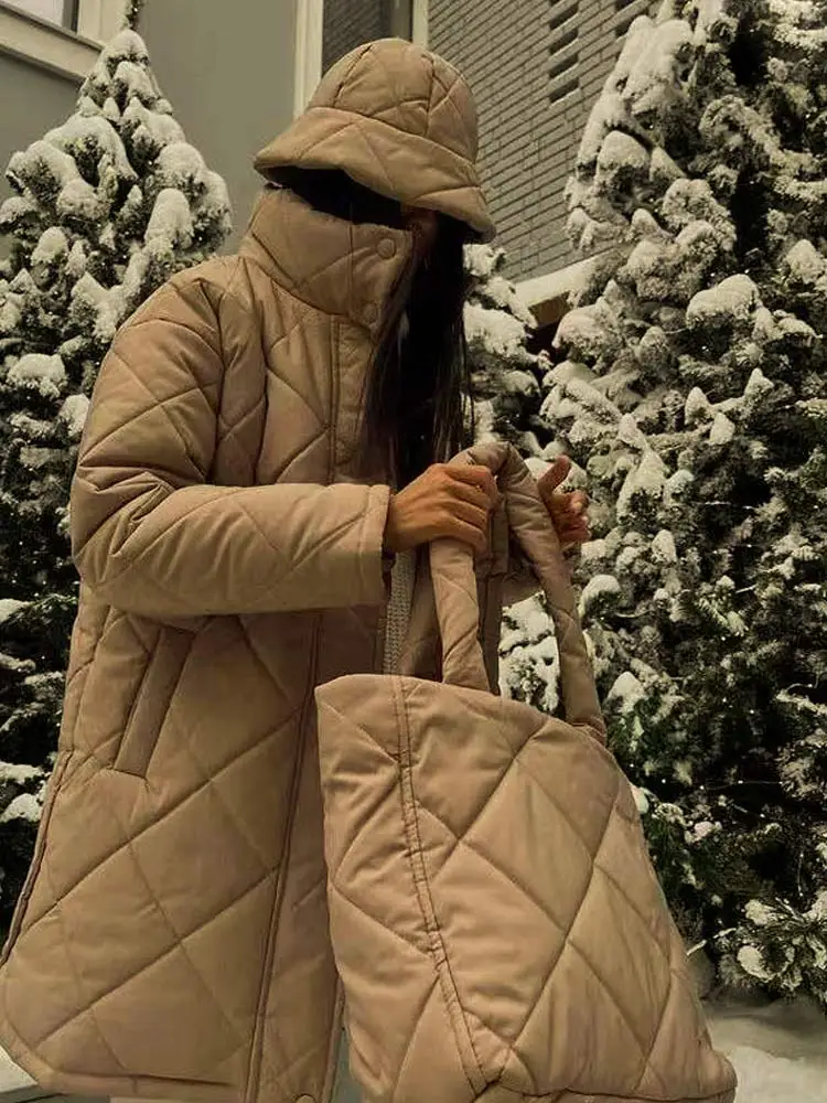 Women's Jacket Loose Padded Long Lingge 2022 Winter Casual Turn Down Collar Overcoat With Bags Office Lady Outwear Woman Clothes