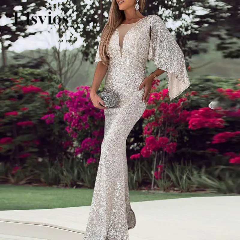 

Elegant Batwing Sleeve Slim Sequin Evening Gown Fashion Shiny Women Long Mermaid Dresses Sexy Deep V Sheer Mesh Maxi Party Dress
