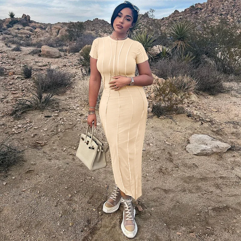 

Casual Solid Short Sleeves Midi Dress O Neck Asymmetrical Sexy Dress 2022 Summer Slim Streetwear Party Beach Overall