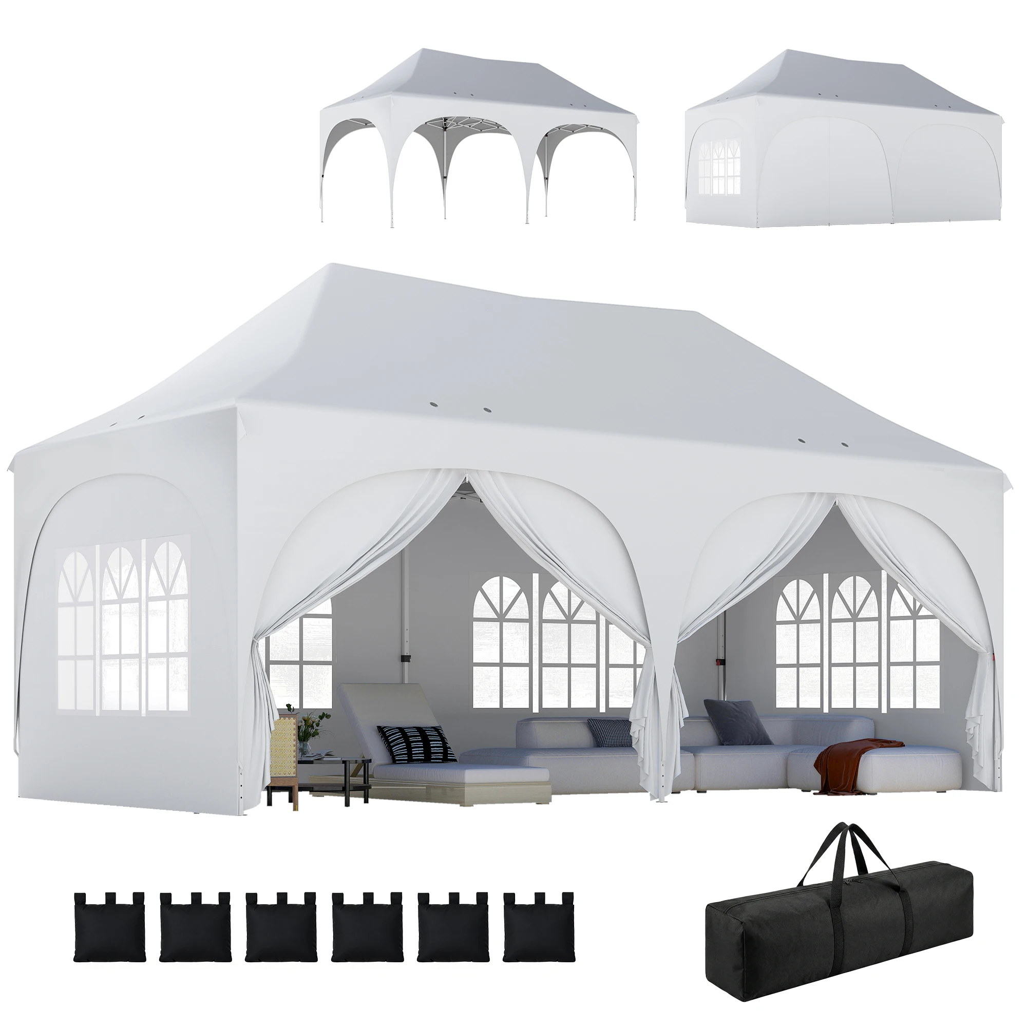 Outsunny Folding Tent 6X3 M, Pop-Up, with 6 Removable Sides, Garden Gazebo with Adjustable Height, Windows, Storage Bag