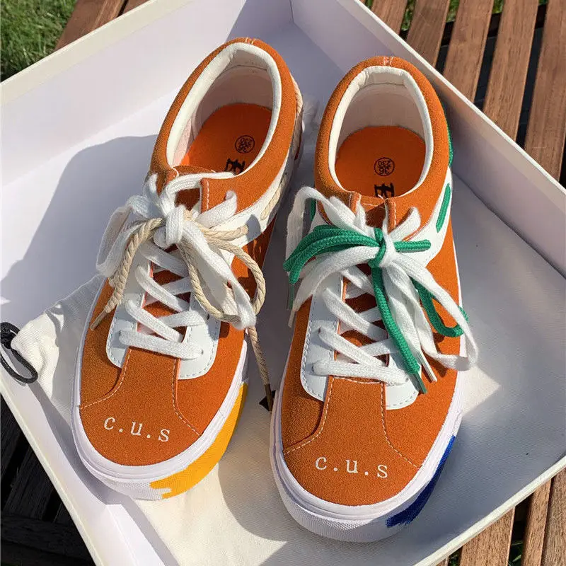 

Fashion NEW Orange Women Canvas Sneakers 2022 Patchwork Zapatillas Mujer Mix Color Shoelaces Casual Spring Ladies Footwear