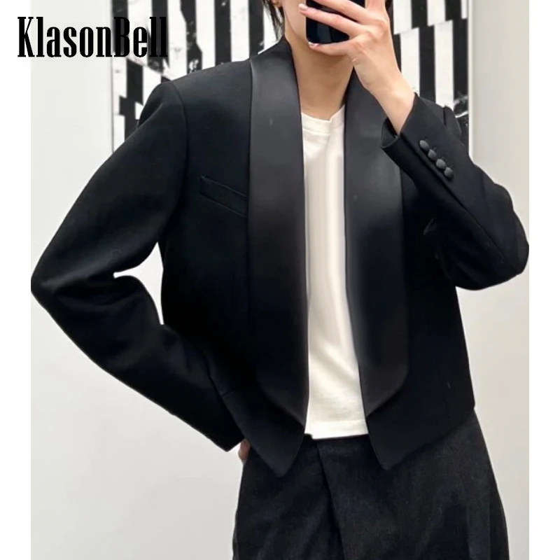 

7.4 KlasonBell Fashion Shawl Collar Shoulder Pads Black Short Wool Blazer Women