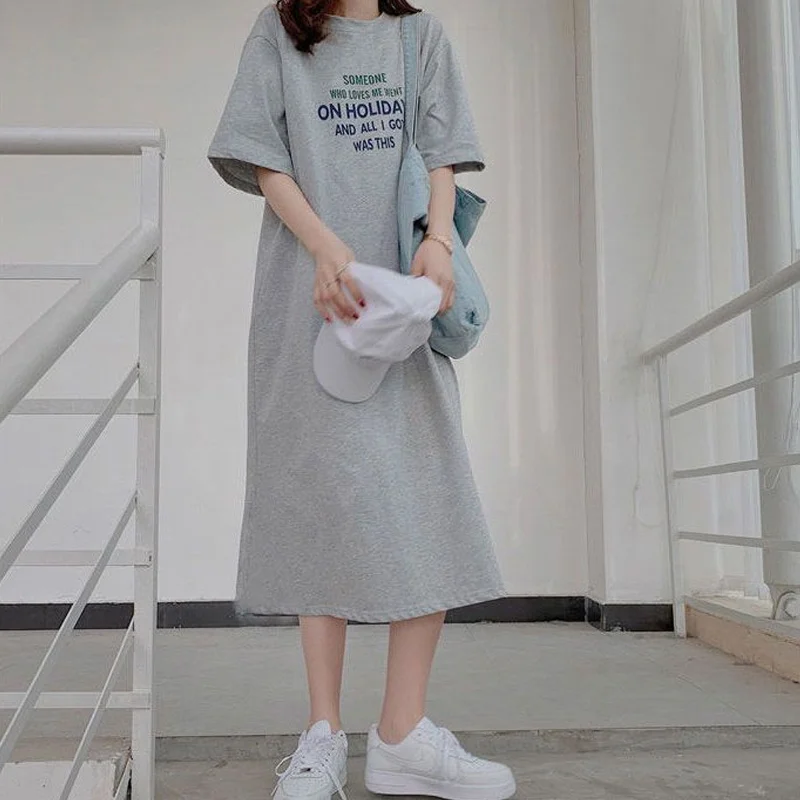 

Summer Loose Printing Letter Long T Shirt Round Neck Short Sleeve Simplicity All-match Tops Tees Casual Fashion Women Clothing