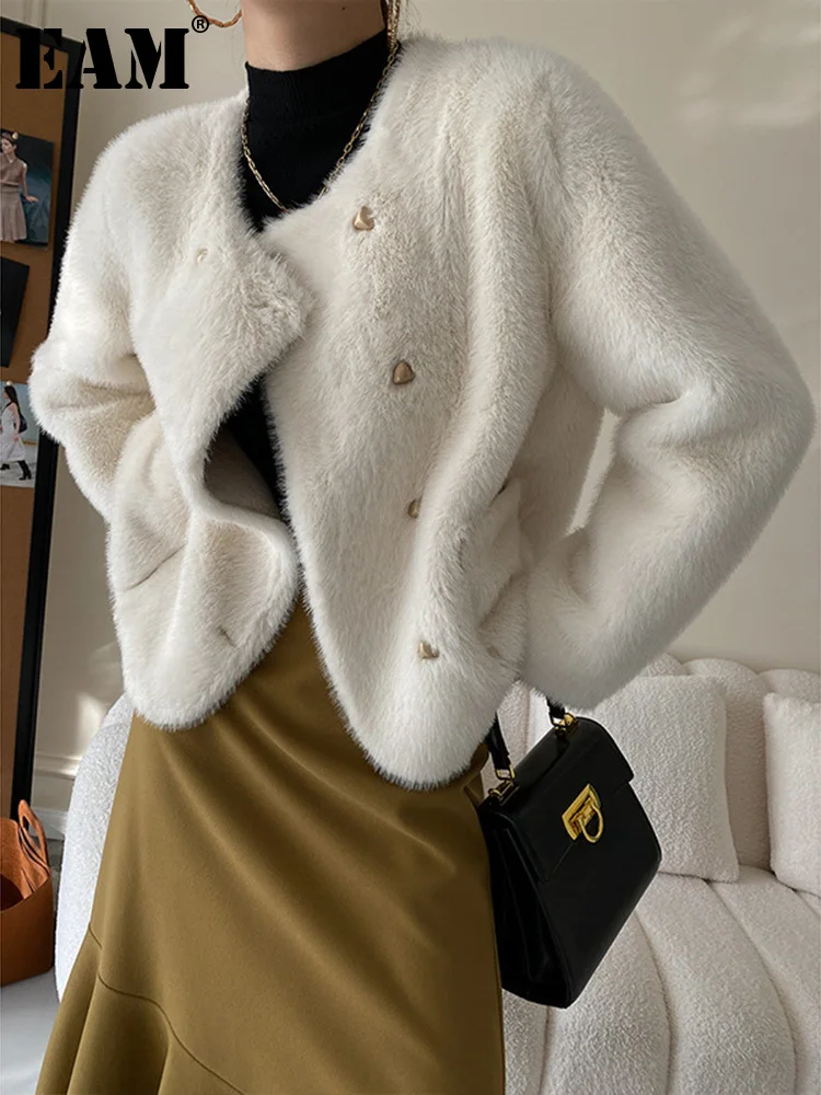 [EAM] Loose Fit Khaki Big Size Casual Faux Fur Jacket New O-neck Long Sleeve Women Coat Fashion Tide Autumn Winter 2023 1DF3992