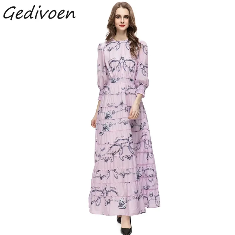 

Женское дизайнерское винтажное платье Gedivoen, праздничное длинное платье с круглым вырезом, рукавом 3/4 и поясом, присборенной талией и цветочным принтом, лето