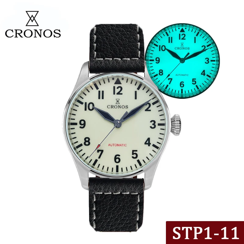 

CRONOS New Men Automatic Watches Pilot Men Mechanical Wristwatch BGW-9 Full Luminous Dial 100m Waterproof Diving Watch STP1-11