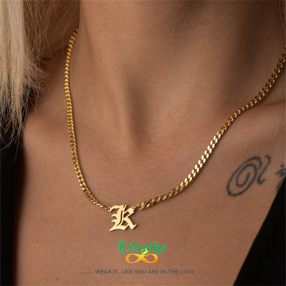 

Custom Old English Letters Initial Pendant Necklace Curb Chain Gold Jewelry Personalised Name Choker Stainless Steel Necklaces