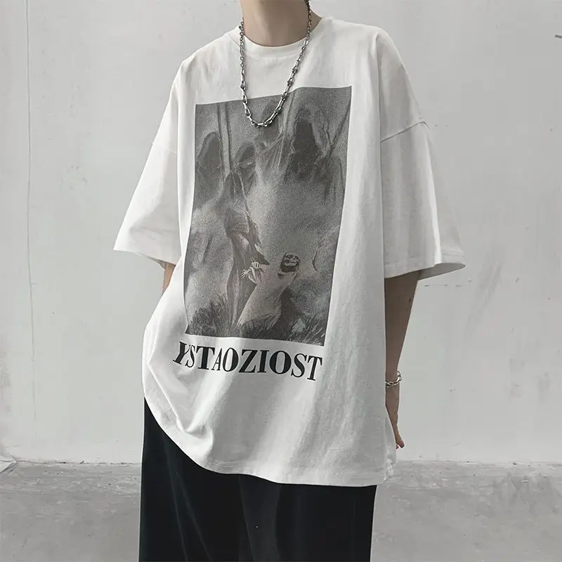 

Футболка мужская асимметричная с коротким рукавом, топ в гонконгском стиле, Повседневная Свободная индивидуальная футболка в стиле Хай-стр...