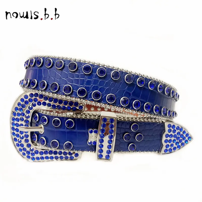 NOWISBB Blue Diamond Bling Belt For Men Luxury Brand Western Crystal Studded Cowgirl Cowboy Rhinestone Belts For Y2K Jeans Women