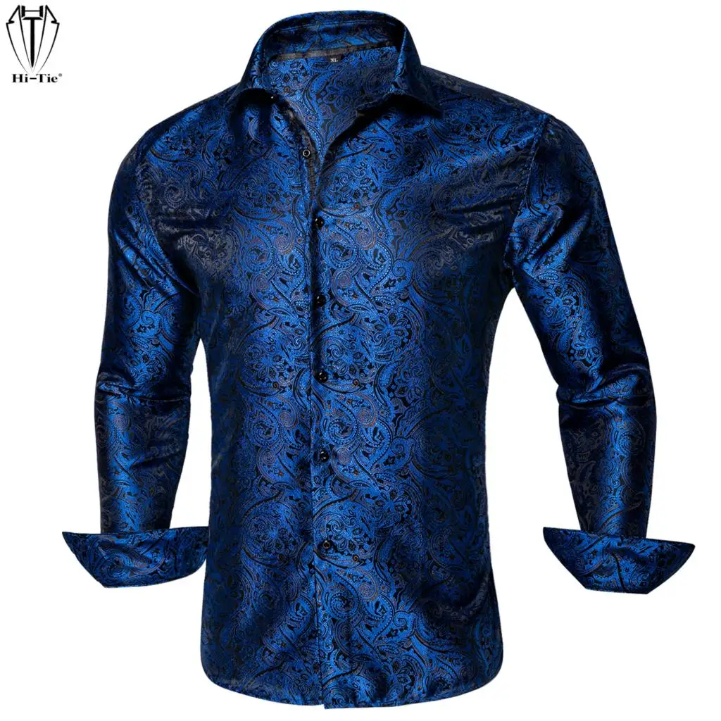 

Hi-Tie Navy Blue Silk Mens Shirts Jacquard Floral Lapel Long Sleeve Dress Suit Social Shirt Elegant Male Blouse Wedding Business
