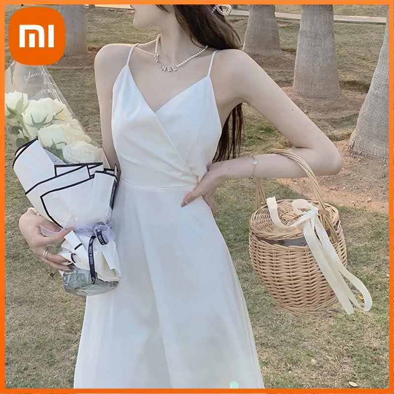 

Xiaomi French Vintage Midi Fairy Dress Women Casual Bandage Solid Beach Strap Dress Females Party Basic V-neck Korean Dress