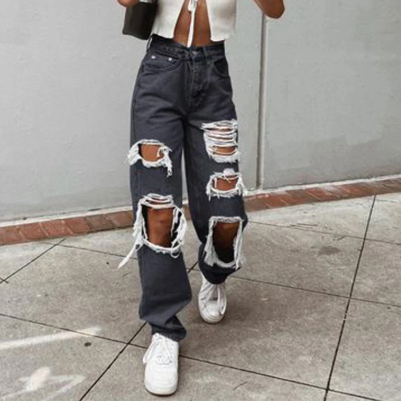 

Sexy Ripped Jeans Beggar Women Big Holes Destroyed Broken Torn Pants Vintage Female Denim Trousers Distressed Designer Boyfriend