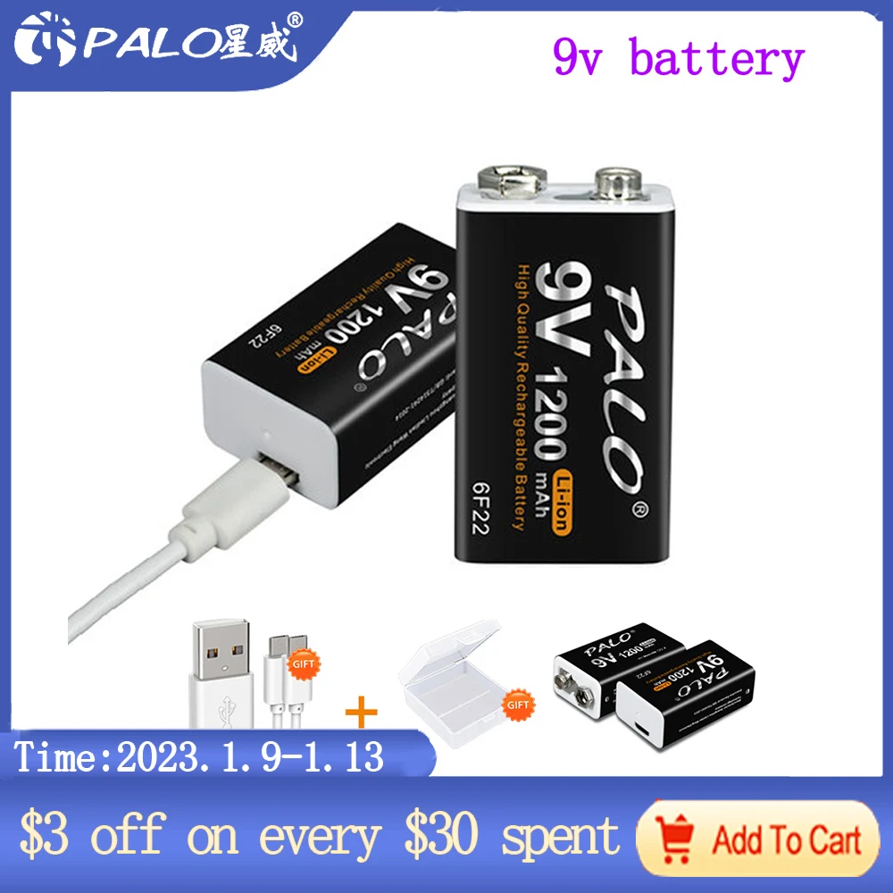 Аккумуляторная батарея PALO 6F22 1200 мАч крона 9 В зарядка через USB литий-ионные