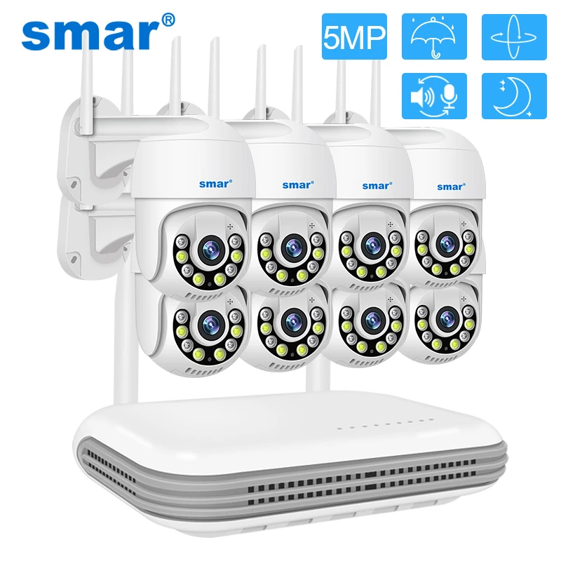 Smar 8CH NVR 5MP Wireless Camera Kit Two Way Audio 1080P Outdoor PTZ WiFi Color Night Vision Video Surveillance System Set ICsee
