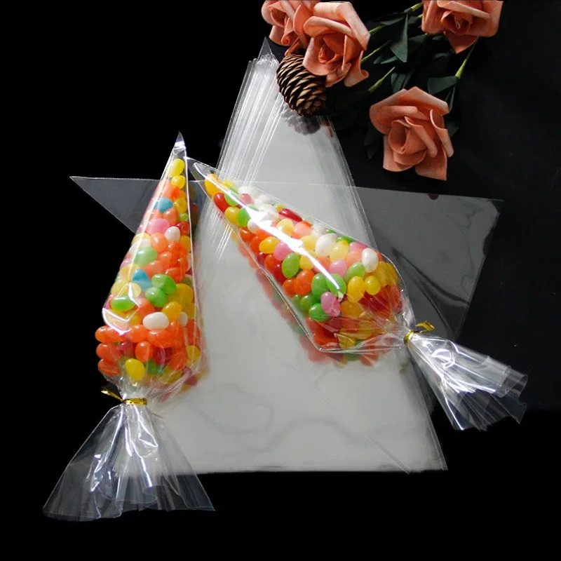 50Pcs/Set Clear Cellophane Packing Bag Transparent Cone Candy Bag For DIY Wedding Birthday Party Favors Bag Popcorn Plastic Bag images - 6