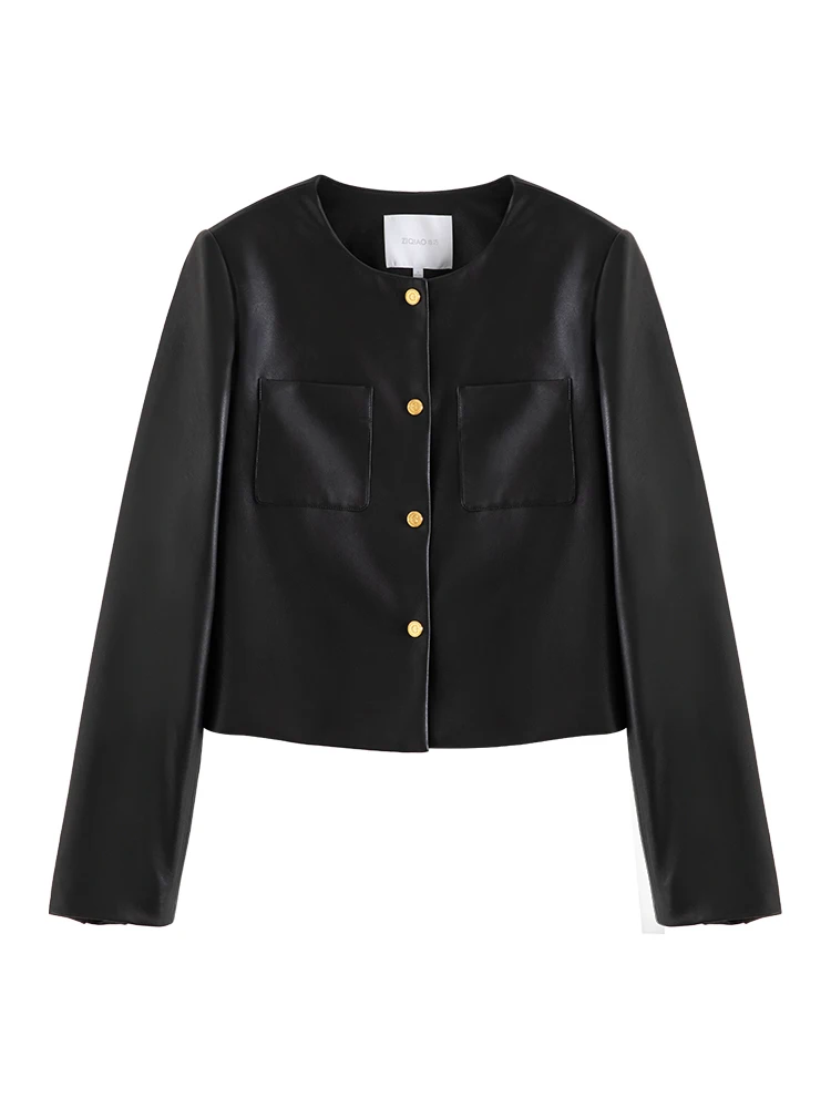 Женская короткая куртка из ПУ кожи с круглым вырезом