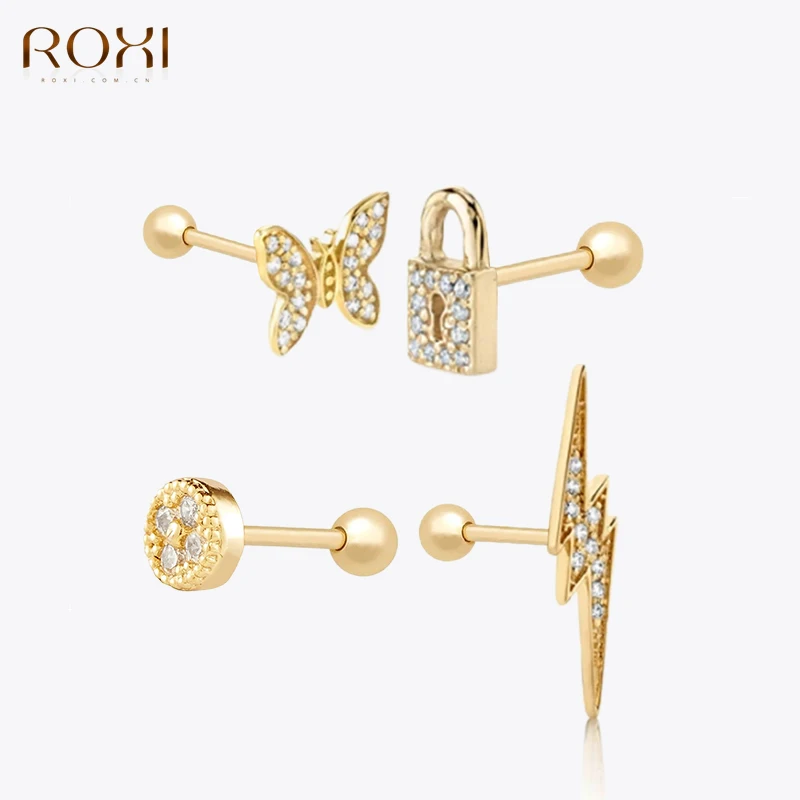 

ROXI Ins Small Crystals Stud Earrings For Women Eye Insect Lock Pin Geometry Piercing Earrings 925 Sterling Silver Pendientes