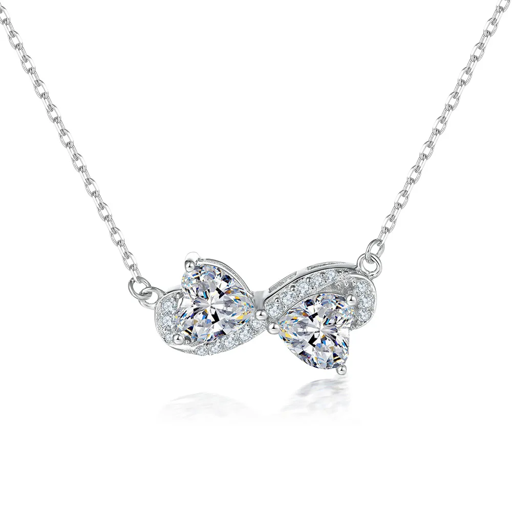

New Fashion Necklace Female Simple Bow Double Heart Zircon S925 Sterling Silver