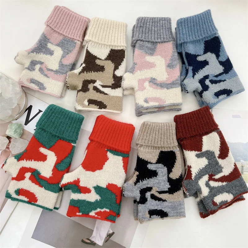 

Камуфляжные перчатки без пальцев для женщин и мужчин, шерстяные вязаные хлопковые перчатки на запястье, зимние теплые рабочие перчатки, рож...