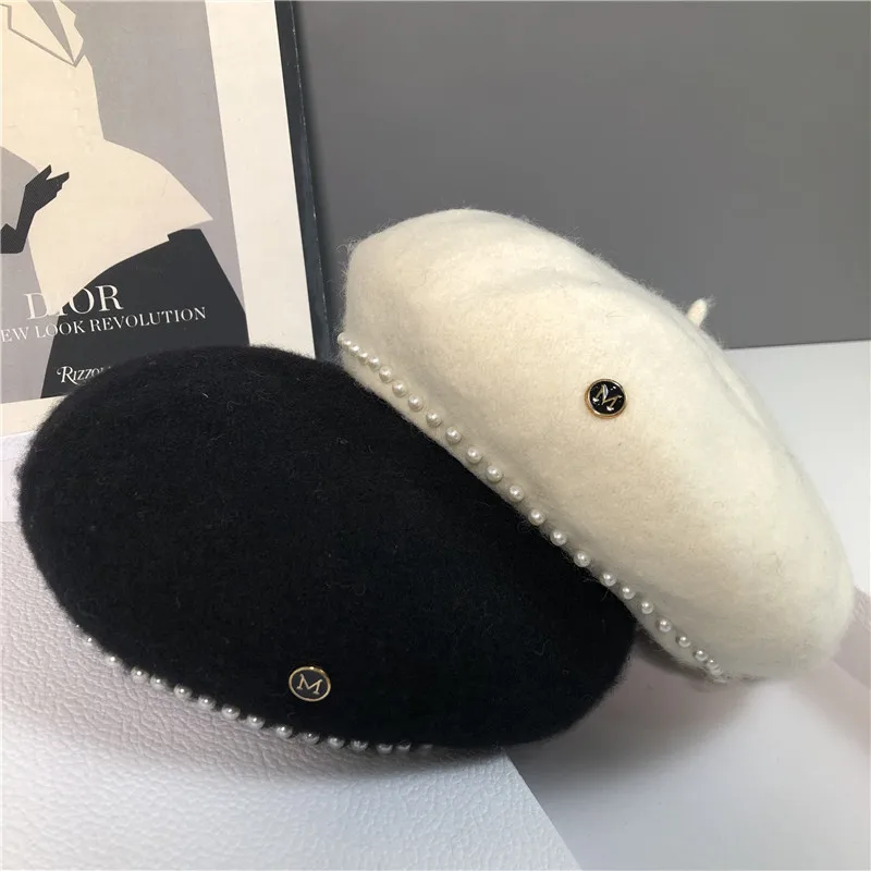 

Beret Women's Autumn and Winter Korean Version of Japanese Woolen Cloth Pearl Beret Cap Octagonal British Painter Hat Trend