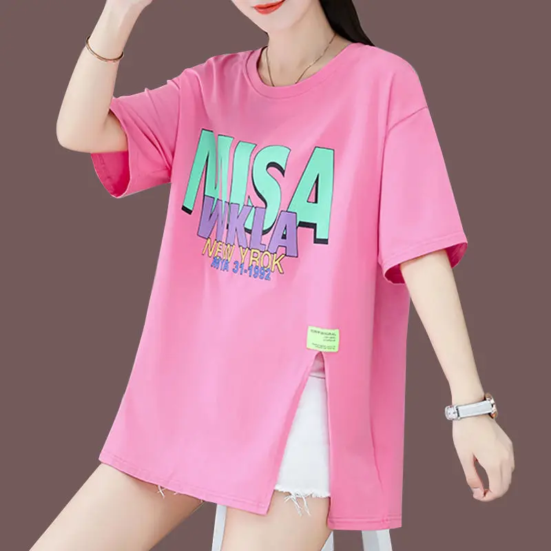 

100% Cotton Fashion Split Short Sleeve T-shirt Women's 2022 Summer New Loose Medium Length Letter Printed Top