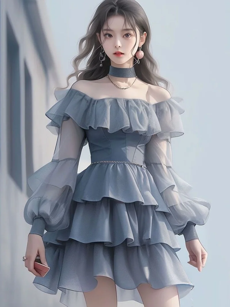 

Женское Сетчатое мини-платье с оборками, облегающее многослойное платье во французском стиле с рукавами-фонариками и воротником-стойкой, 2023