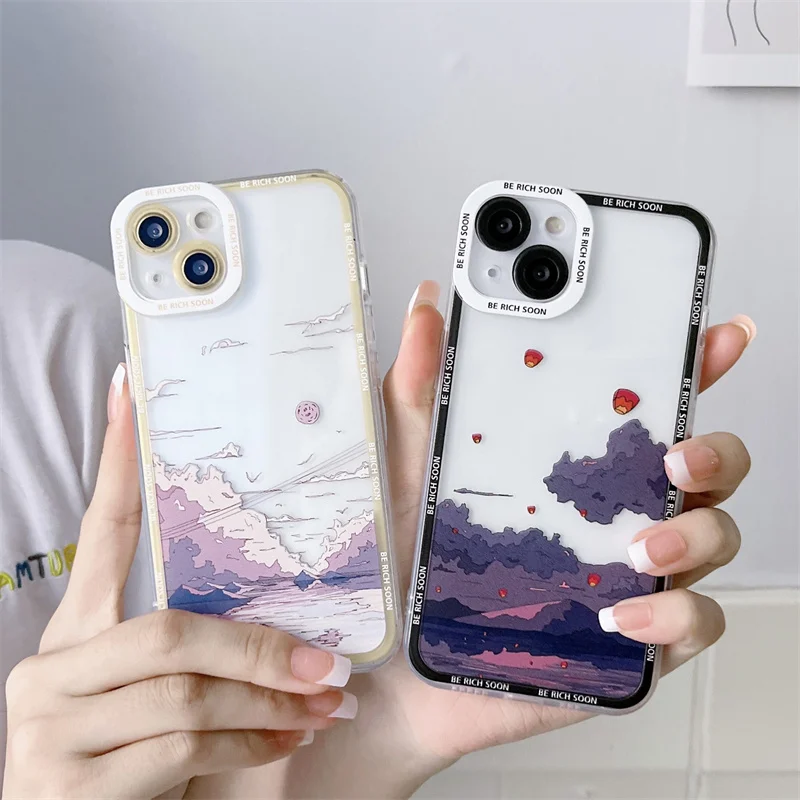 

Painting Clouds Phone Case For iphone X XS XR 14 7 8 6 6S Plus 11 13 12 Mini Pro Max Anti-Scratch Cellphone Transparent Cover