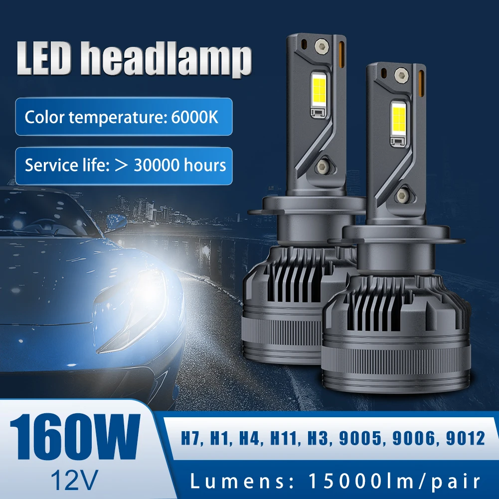 

H1 H4 H7 Car LED Light Bulbs 160W 15000LM 9005 9006 H11 9012 Headlights 6000K White 3 Copper Tubes LED IP67 Waterproof 12V Lamp