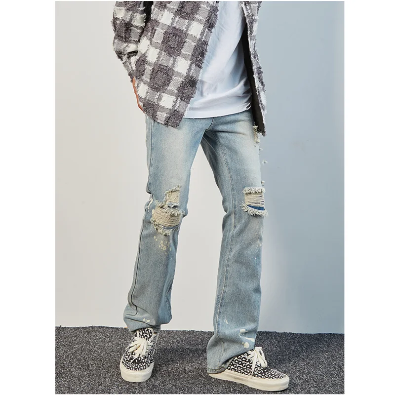Men Clothing New Style Baggy Straight Cylinder Splash Ink Ripped Jeans Vintage Trend Simplicity Casual Pants Autumn and Winter
