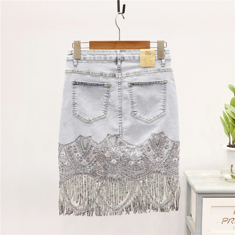 

Summer 2022 Korean Fashion Sequins Tassel Denim Skirt Women Vintage Washed Blue Slim Short Sexy High Waist Jeans Skirts Female
