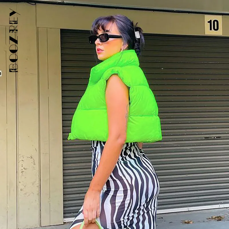 

BoozRey осенне-зимний модный тканый мини-жилет с воротником без рукавов свободная куртка на молнии уличная одежда укороченный топ в стиле тали...