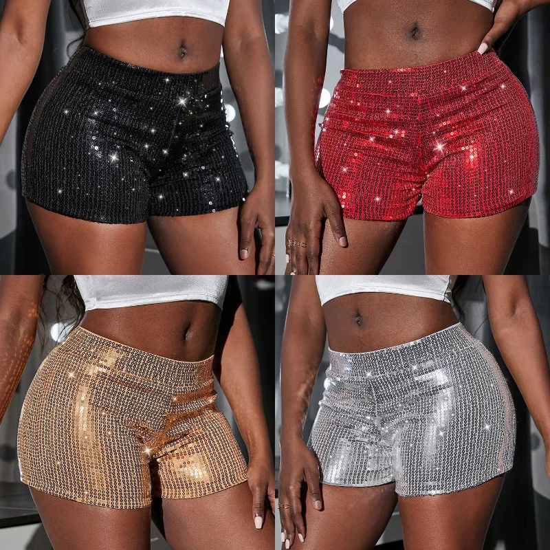 

Women Sequined Shorts Pants Bodycon Casual High Waist Elastic Tight Bling Shorts Party Clubwear Pantalones Mujer Slim Pants